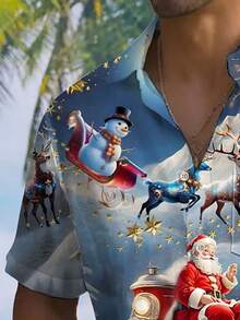 Christmas Santa Claus Print Men's Button Pocket Short Sleeve Shirt - Blue - View 5