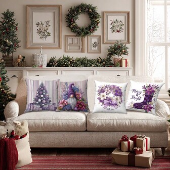 4 piezas/96 piezas Fundas de cojín navideñas moradas de 18x18 pulgadas, fundas de cojín de peluche corto con diseños de Papá Noel y corona de lazo, decoraciones navideñas para sofá, sillón, cama, decoración del hogar para fiestas