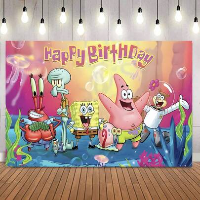  1pc Authorized SpongeBob Squarepants Underwater World Backdrop, (82.7x59.1 59.1x39.4 39.4x29.5 Inch) Cute Cartoon Pink Undersea SpongeBob Photography Background, Suitable For Cartoon Theme Baby Shower, Cake Table Party, Perfect Decoration For Living Room, Bedroom, Wall Tapestry, Photo Studio, Exhibition Booth