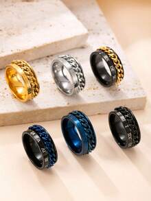 6pcs Stainless Steel Rings With Rotatable Chain, Couple Ring, Multi-Functional Jewelry, Fashion 8mm Ring, Gifts For Men