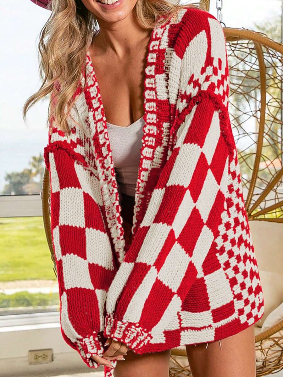 Women's Drop Shoulder Long Sleeve Open Front Mixed Color Plaid Knit Cardigan - Red and White - View 1