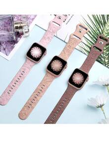 3pcs Floral Carved Compatible Bands, Fits 40mm, 41mm, 38mm, 42mm, 44mm, 45mm, 49mm (S10 42mm) (S10 46mm), Silicone Material, Cute Wild Flower Pattern, Sports Strap, Compatible With S10, S9, Ultra, SE, 8, 6, 5, 4, 3, 2, 1 - Set 1 - View 2