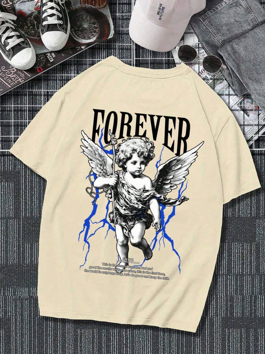 Áo thun ngắn tay cổ tròn in hình thiên thần hộ mệnh dành cho thiếu niên, kiểu dáng thường ngày, đa năng. - Màu Khaki - Xem 1
