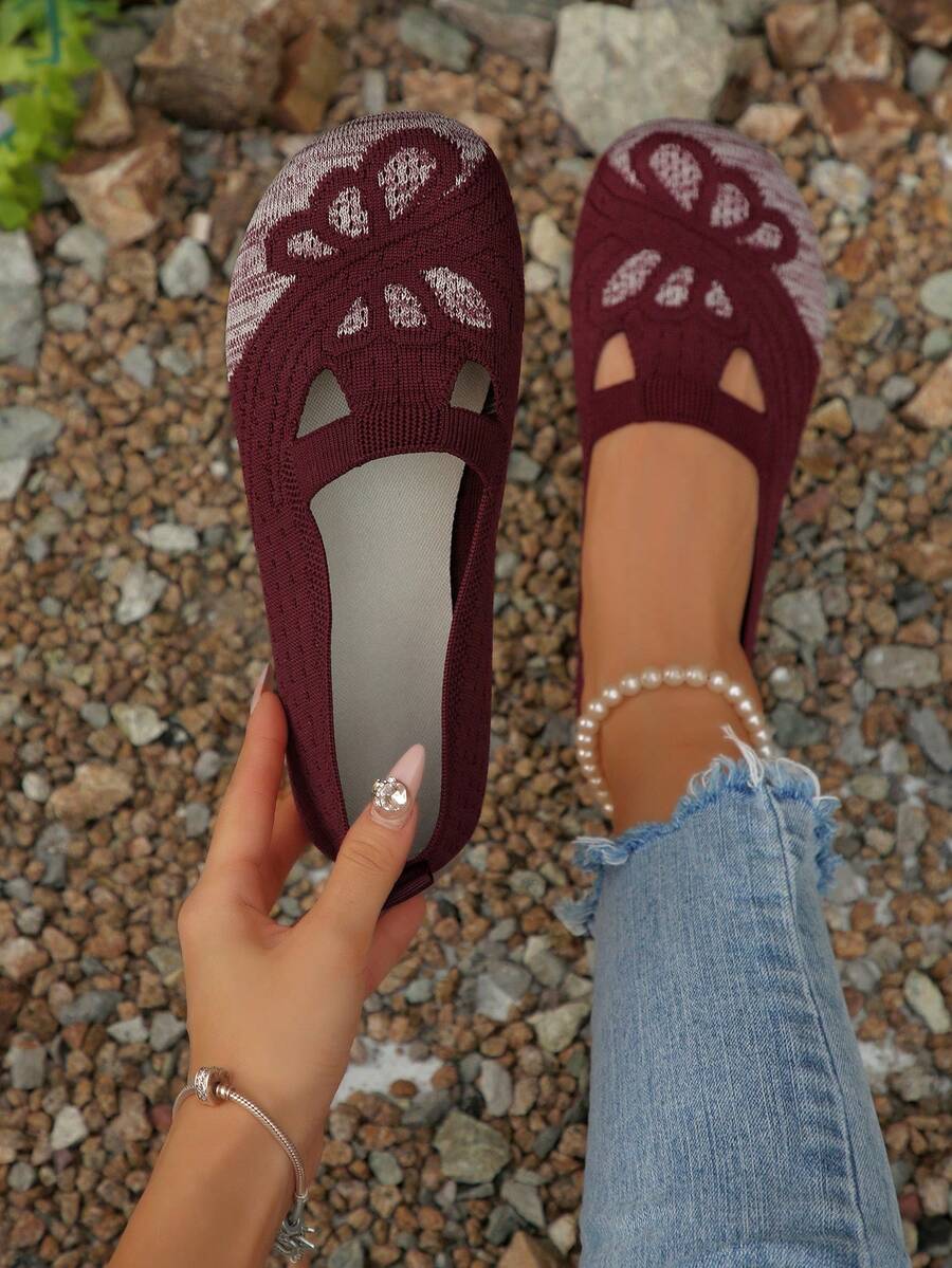 Butterfly Embroidered Women Flat Shoes, Low Vamp Soft Bottom Dance Shoes, Knitted Flat Casual Shoes, Lightweight Round Toe Wide Fit Comfortable Breathable Embroidered Shoes, Suitable For All Seasons - Burgundy - View 1