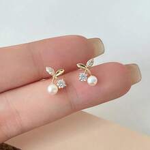 Pendientes de botón con diseño de cereza decorados con strass y perlas falsas - Dorado - Ver 4