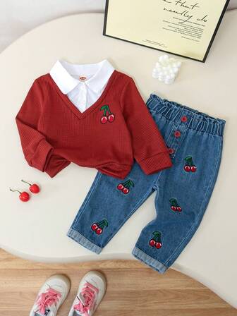 2 st babyflickor moderiktigt, avslappnat, körsbärskrage, 2 i 1-set med långärmad tröja och körsbärsbyxor