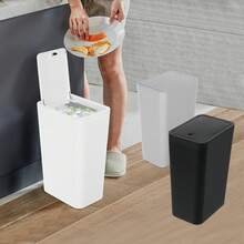 Set Of 3 Trash Cans With Push-To-Close Lids (8.74 X 6.18 Inches) High-Quality PP Waste Bins Ideal For Bathroom, Kitchen, Office (Black/White/Gray) - 彩色 - 查看 2