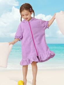 1pc Girls' Hooded Zip-Up Swim Cover-Up, Cute Puff Sleeve With Skirt, Available In Multiple Ages, Absorbent Towel Fabric, Suitable For Toddlers & Kids, Great For Home, Swimming, Bathing