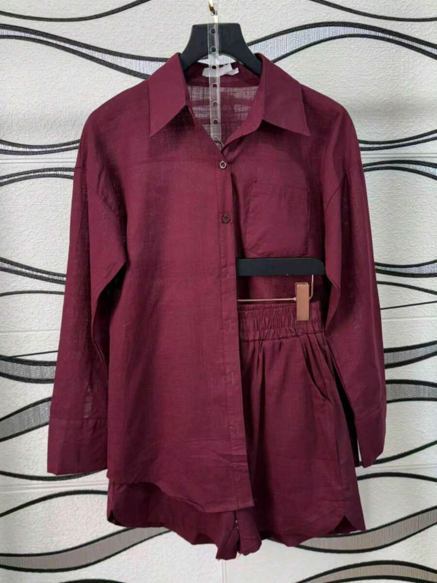 Imported Women's Linen Set / Button / Lining / / Women's - Burgundy - View 1