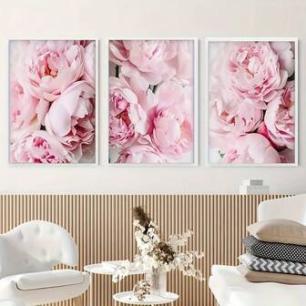 3 piezas Póster de lienzo con flores rosas, con marco de madera opcional - Impresión artística romántica en lienzo, pintura al óleo, adecuada para decoración de sala de estar y dormitorio, decoración de pared del hogar