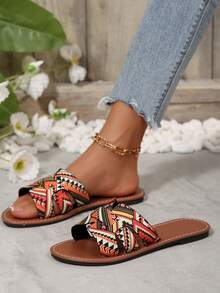 全新加大码女式舒适简约圆头镂空平底拖鞋凉鞋，休闲时尚户外度假沙滩风格夏季鞋 - 橘色 - 查看 5