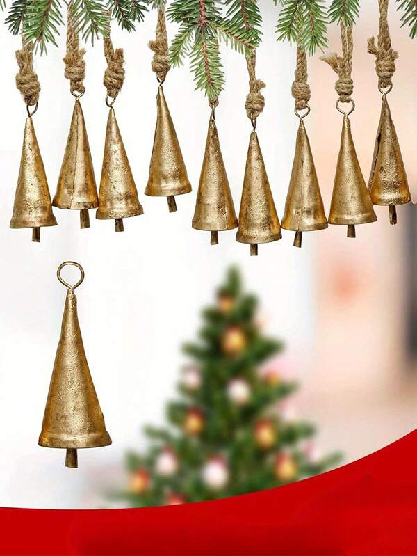 1/9pcs Rustic Brass Christmas Bells,Vintage Golden Cow Bells With Hanging Rope For Festive Decor, Perfect For Holidays Like Christmas, Easter & Thanksgiving, Christmas Decor Home Decor Christmas Decorations Room Decor Winter