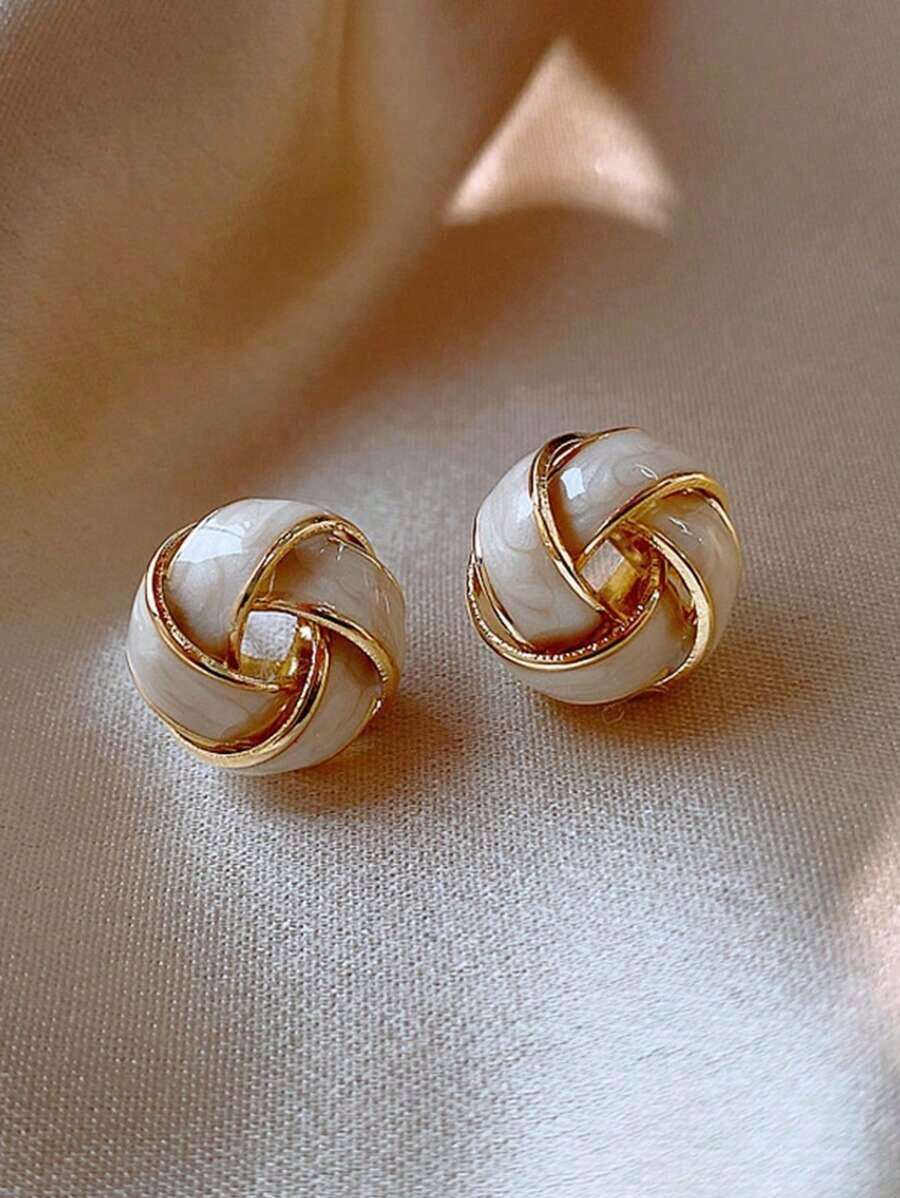 2pcs Maillard Earrings, Beige & Gold Color Earrings For Women, Unique Design, Retro French Style, Warm Color Elegant Earrings - White - View 1