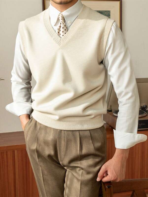 Men's Casual Everyday Simple Solid Color V-Neck Sweater Vest, Autumn