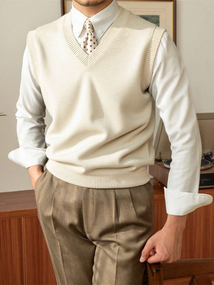 Men's Casual Everyday Simple Solid Color V-Neck Sweater Vest, Autumn