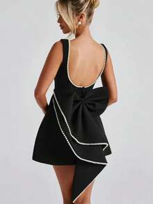 Women's New Summer Pearl Bow Fashionable Slim Short Skirt, Hot Girl Waist-Detached A-Line Solid Color Dress - 黑色 - 查看 4