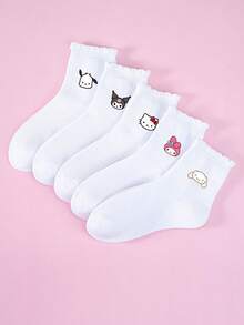 1/5 pares de calcetines para niños con estampados de Hello Kitty, Kitty, KT Cat, My Melody, Kuromi, Pochacco, Cinnamoroll, con puños con volantes