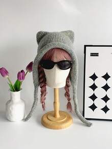 1 pièce Chapeau tricoté noir avec oreilles de chat et petite queue, automne/hiver - Multicolore - Voir 7