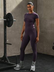 PinkTip Bộ đồ thể thao liền mạch - Áo thể thao màu trơn và quần legging cạp cao, phù hợp cho yoga và chạy bộ mùa hè. - Màu tím - Xem 3