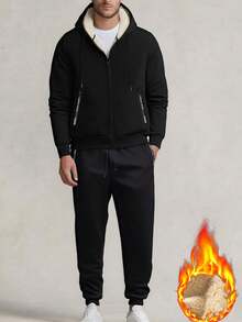 2pcs Men's Thermal Lined Hooded Jacket & Pants Set, Warm Sportswear For Vacation, Outdoor, Hiking, Cycling, Fitness, Running - Black - View 14