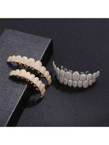 2pcs Shiny Crystal Teeth Grillz, Hip Hop Upper & Lower Teeth Grillz, Punk Mouth Jewelry For Party Role Play