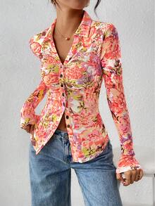 Women Button Down Floral Shirts  Fall Long Sleeve V Neck Ruched Fitted Mesh Blouse Tops Date Outfits Valentine's Day Vacation Fall Clothes For Women - Hồng đỏ - Xem 3