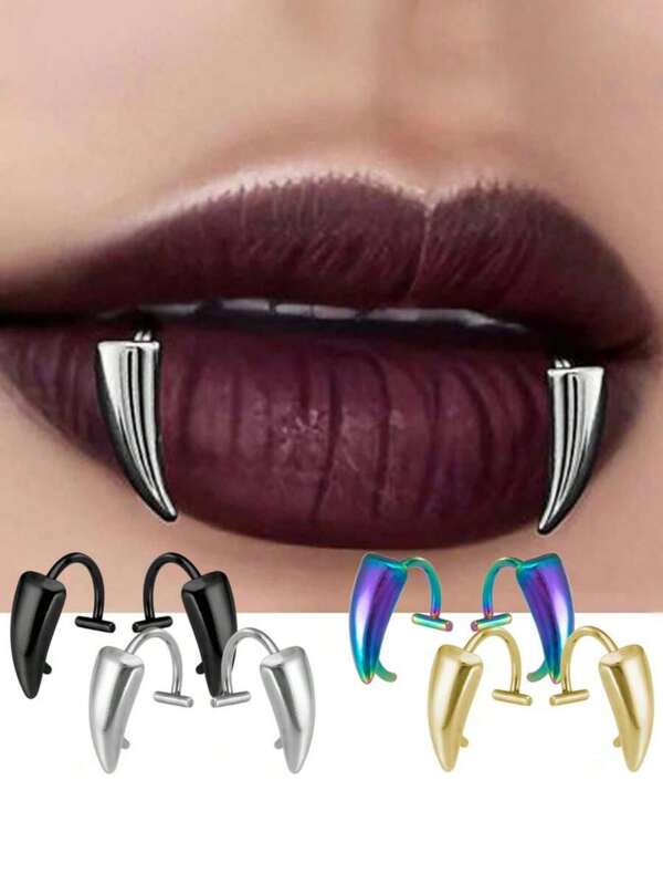 1pair-Exaggerated Gothic Stainless Steel False Lip Nail Rings With Sharp Teeth Design, Body Jewelry, Halloween Dentures, Halloween Items