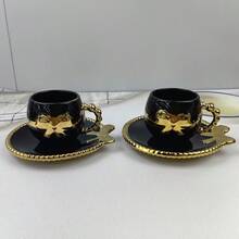2 件陶瓷电镀咖啡杯碟套装，金色/白色/黑色陶瓷咖啡杯碟，1 杯 1 碟带蝴蝶结装饰，电镀碟子，情侣礼物，家庭聚会，咖啡/茶杯，容量 100 毫升 - 彩色 - 查看 7