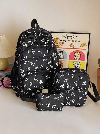 3pcs Nylon Bow Print Backpack Set, Foldable Multi-Po Cket Large CapacityWater-Resistant Zipper Backpack Suitable F Or Teenagers, High School, College Students, Ladies, Daily Use, Commuting, Traveling