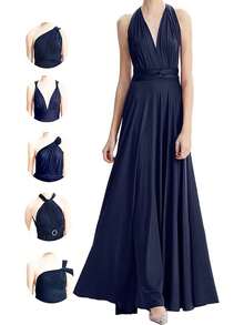 Sexy Backless Long Dress - 藏蓝色 - 查看 1