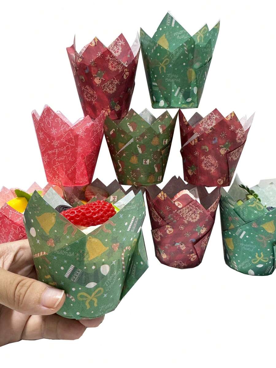 50 chiếc giấy lót bánh cupcake hình hoa tulip Giáng sinh, cốc bánh nướng xốp, cốc nướng, chịu nhiệt, chống dính, đồ trang trí Giáng sinh, đồ ngủ Giáng sinh, quà tặng Giáng sinh