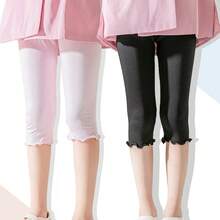 4 Pairs Summer Girls/Kids/Infants Ruffle Edge Capri Leggings, White/Gray/Black/Pink Solid Colors, Thin 3/4 Length Pants, Casual Cute Fashion, Soft & Comfortable Bottoms, Suitable For Daily Wear, Can Be Paired With Tops Or Skirts