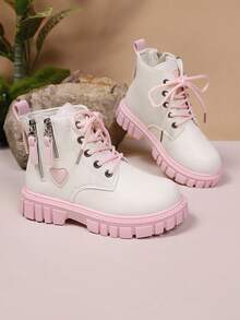 1双粉色幼儿/小女孩短靴，纯色柔软哑光面料，心形装饰，侧拉链，前系带，圆头，保暖厚底，防滑，英伦风时尚经典踝靴，适合女学生、休闲、度假、派对、秋冬新款 - 白色 - 查看 6