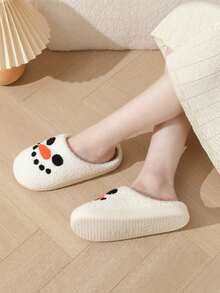 Pantuflas de mujer con diseño bordado de muñeco de nieve navideño, de punta cerrada, tacón plano, estilo lindo, para uso en interiores, invierno, material de borreguito sintético, diseño de pareja, cálidas