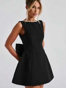 Women's New Summer Pearl Bow Fashionable Slim Short Skirt, Hot Girl Waist-Detached A-Line Solid Color Dress - 黑色 - 查看 6