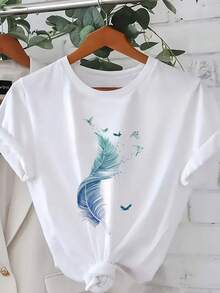 Camiseta de manga corta para damas con estampado de patrones, top de cuello redondo suelto y casual, se puede lavar aáquina para comodidad durante las cuatro estaciones. - Blanco - Ver 1