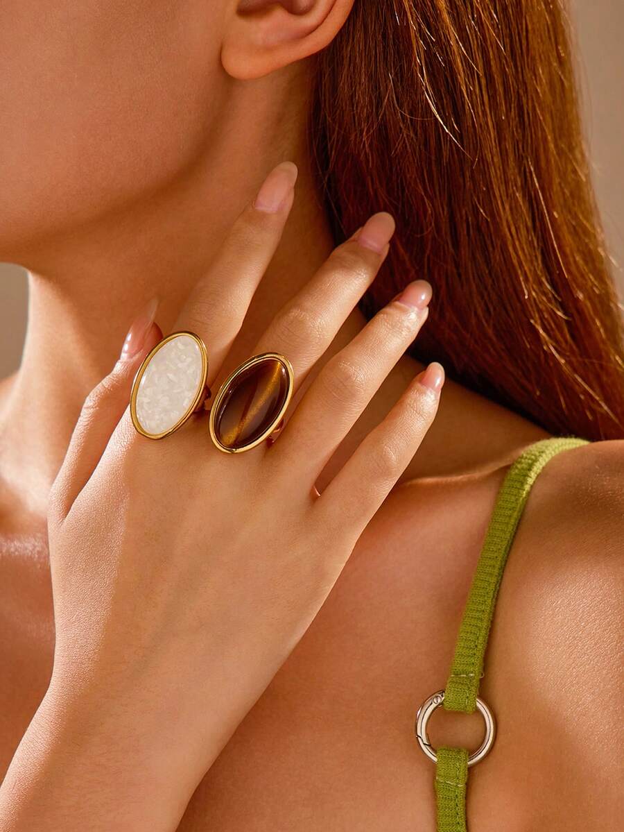 Bộ 2 trang sức đá quý hình bầu dục màu nâu và trắng bằng thép không gỉ kiểu dáng phóng đại màu vàng dành cho nữ, thích hợp để đeo hoặc làm quà tặng - Vàng - Xem 1