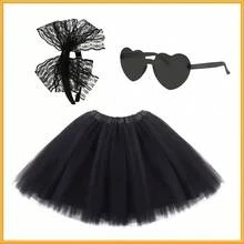 3pcs 80s Single Party Solid Neon Green, Pink Lace Bow Headband, 40cm Tulle Skirt, Heart Shaped Glasses Costume Set, Fun Cosplay Party Outfit, Neon Sexy Accessories,Halloween