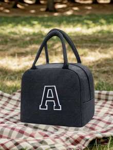 1个保温午餐包，手提包，午餐盒，冰袋，野餐食品手提袋，刺绣字母图案午餐盒，帆布轻便便携午餐手提袋，学校/办公室野餐午餐手提包（午餐包，学校旅行午餐盒，防水午餐包） - 黑色 - 查看 4