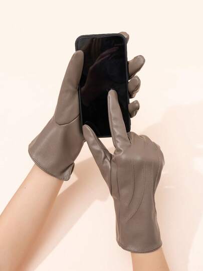 1 双女士冬季保暖时尚 PU 皮手套，保暖内衬，防风，防水，可触摸屏，休闲户外