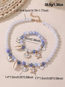 2件套度假风海星、贝壳、花朵、蝴蝶结仿珍珠串珠项链和手链首饰套装，适合女孩佩戴 - 彩色 - 查看 8