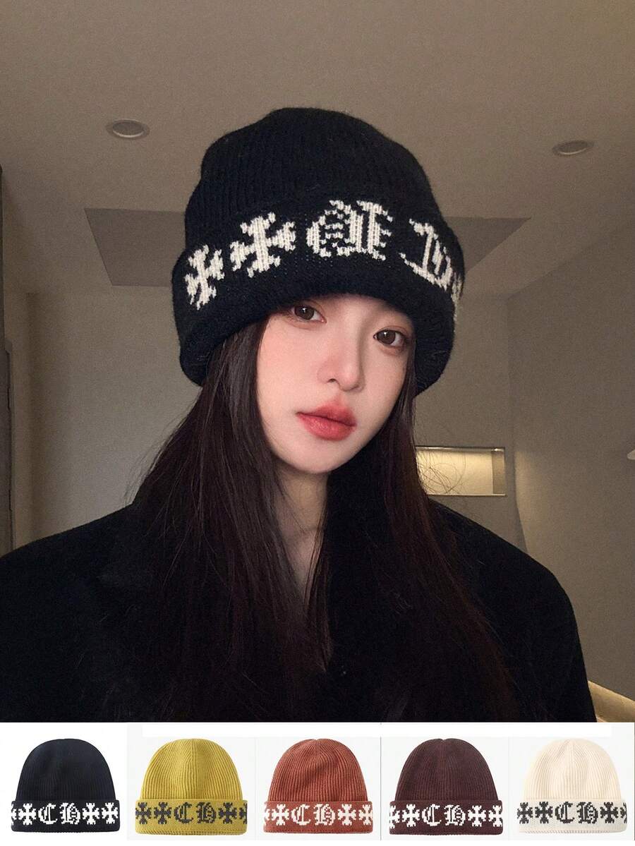 1pc Vintage Knit Hat, Unisex Warm Double-Layer Knitted Cap, Thick Large Circumference Beanie, Brand, Suitable For Autumn/Winter