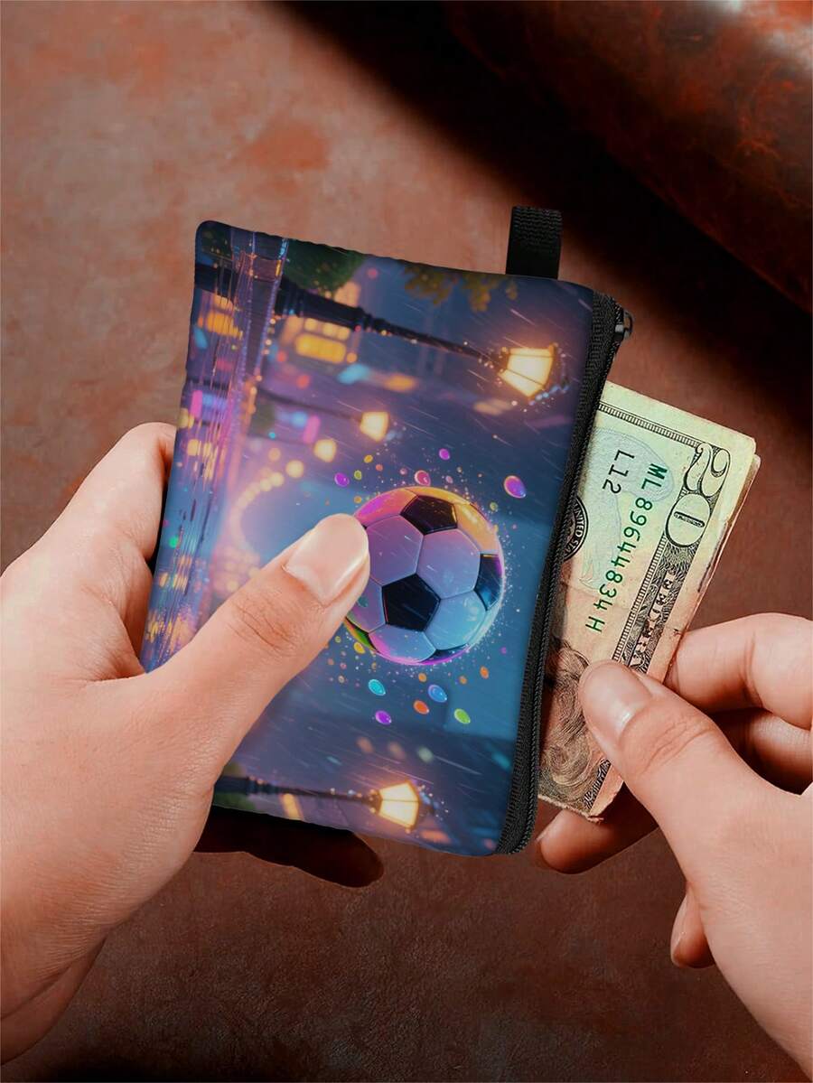 1 pieza Monedero compacto con cremallera, bolsa con cremallera de poliéster de moda y duradera con estampado gráfico de fútbol, ideal para guardar monedas y pequeños artículos esenciales, regalo divertido con cierre , material duradero, fácil de cuidar, regalo para fiesta deportiva y vacaciones
