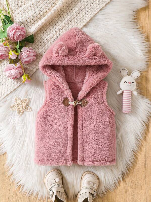Gilet réversible à capuche en polaire pour bébé fille, style sans manches de couleur unie pour l'automne/l'hiver