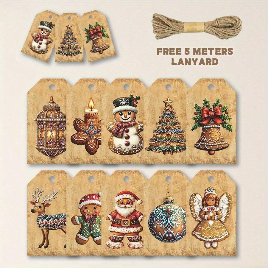 10 piezas de etiquetas de regalo vintage - Diseños únicos con Papá Noel, pan de jengibre, renos, muñeco de nieve, cuerda de bramante para tarjetas DIY, decoración de árboles, decoraciones para el hogar y fiestas navideñas