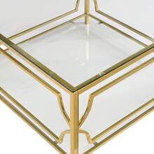 Square Glass Coffee Table In 33.5", Luxurious Geometric Metal Frame, Gold Finish & Lower Shelf, Transparent