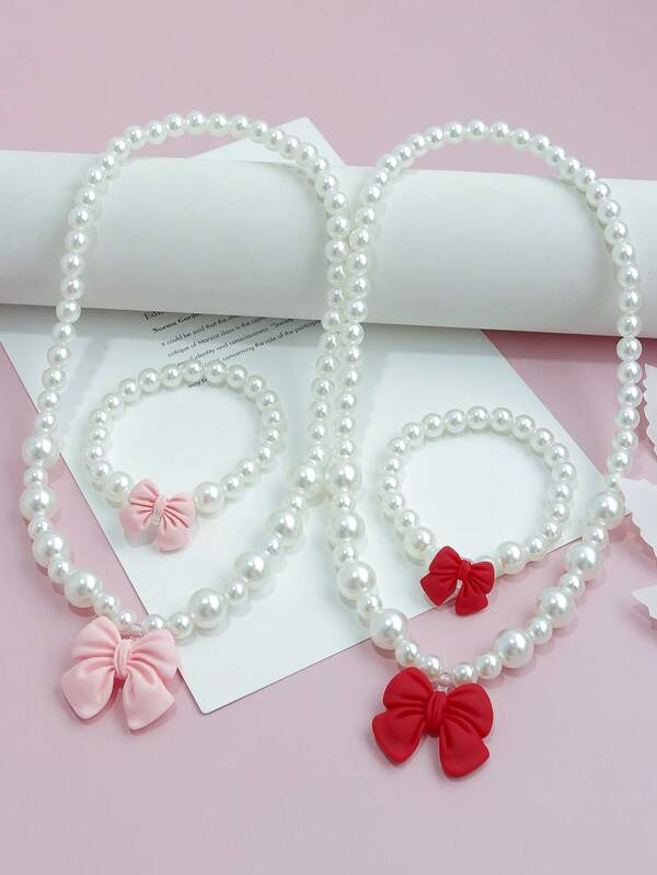 2 pièces/set Ensemble de bijoux avec pendentif nœud papillon, bracelet à breloques et collier de perles. Convient pour les anniversaires, les cadeaux pour filles et le port quotidien
