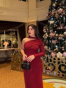 Vestido de mujer de unicolor, de manga larga, con dobladillo oblicuo fruncido, sexy, para vacaciones, fiestas, Navidad, otoño/invierno