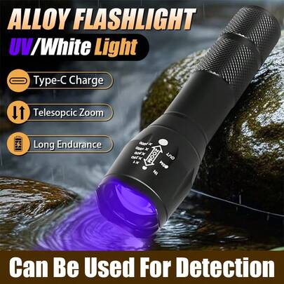 1PC Multi-Function LED Flashlight, 2 Light Modes (White & UV), Type-C Rechargeable, Daily Waterproof Light For Pet Detection, Home, Outdoor, Camping, Fishing