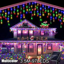 1 pieza Luces de cadena con energía solar, 97/160 luces de carámbano solares LED, luces de hadas impermeables para exteriores, luces de cortina para jardín, patio, Halloween, Navidad, Acción de Gracias, fiestas, campamentos, bodas y cumpleaños - Impermeable, 8 modos de parpadeo